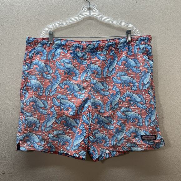 Vineyard Vines Lobster Print Swim Trunks Shorts Beach Surf Blue Red Mens L Mesh - Picture 1 of 8